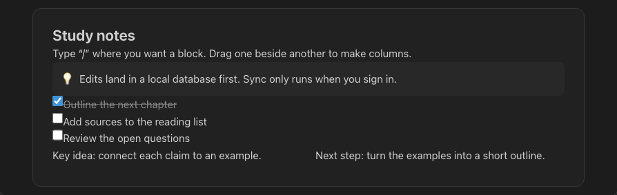 OpenBook study notes with a callout, checklist and two-column layout