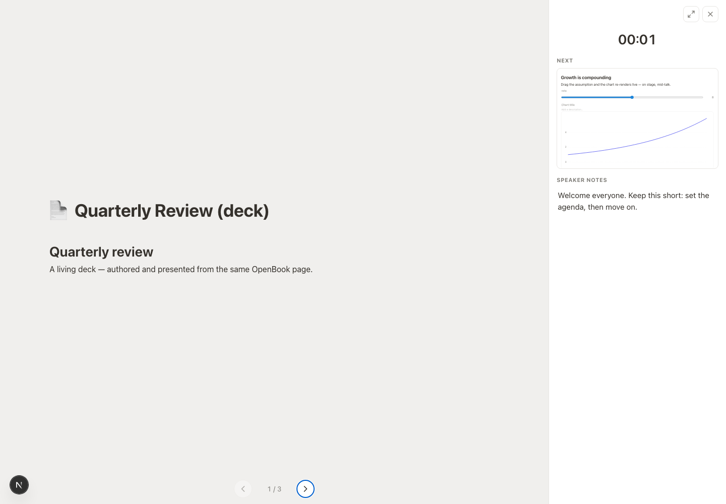 OpenBook present mode with a presenter console